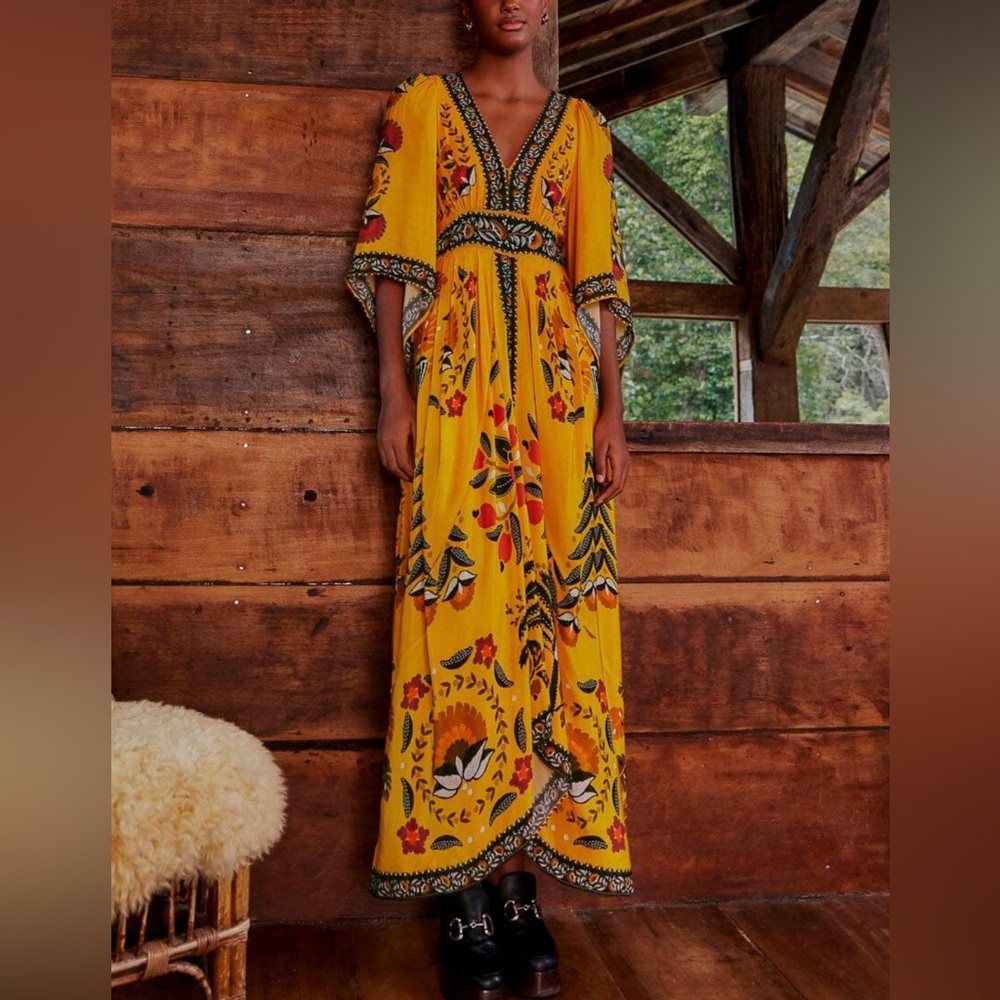 FARM Rio Yellow Maxi Dress with Floral Patterns